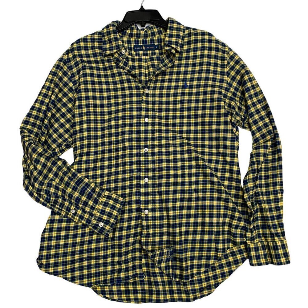 Ralph Lauren Mens' Cotton Yellow Blue Plaid Button Down Long Sleeve Size Large